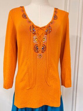 Belldini Boho Beaded Lace-Up Knit Top Orange Jeweled Festival Y2K Sz M